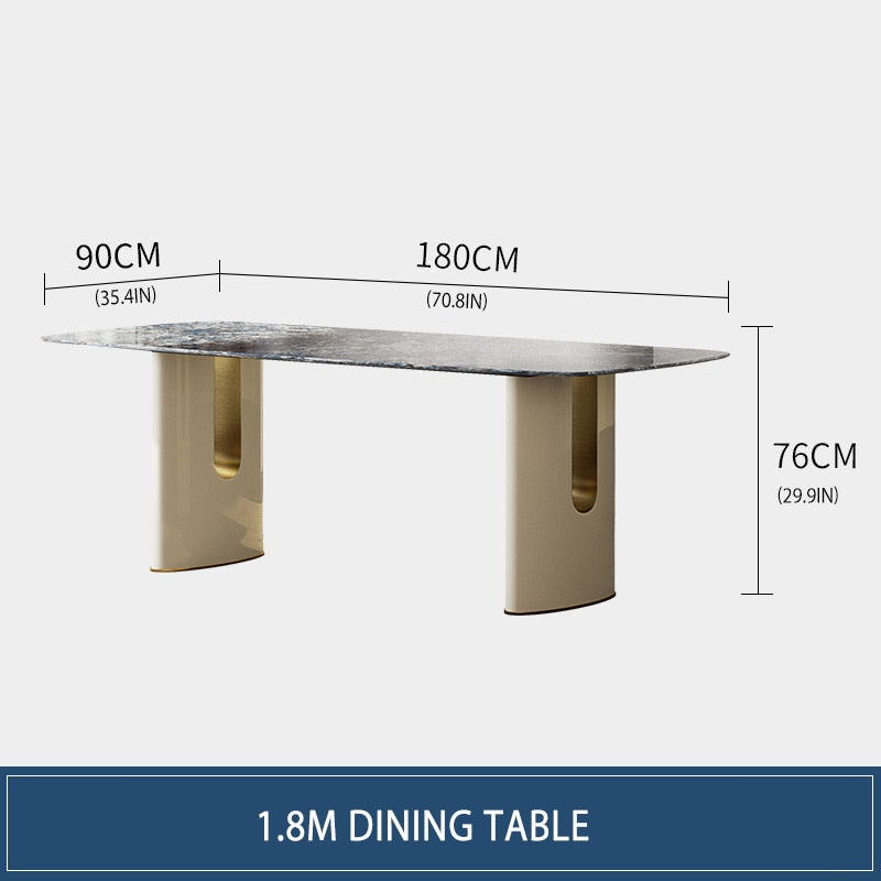 Italian Blue Rectangle Dining Table with Gold Accent Leather Chairs