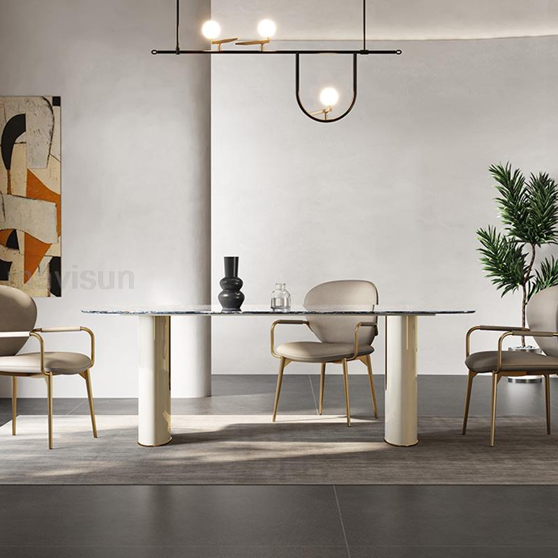 Italian Blue Rectangle Dining Table with Gold Accent Leather Chairs