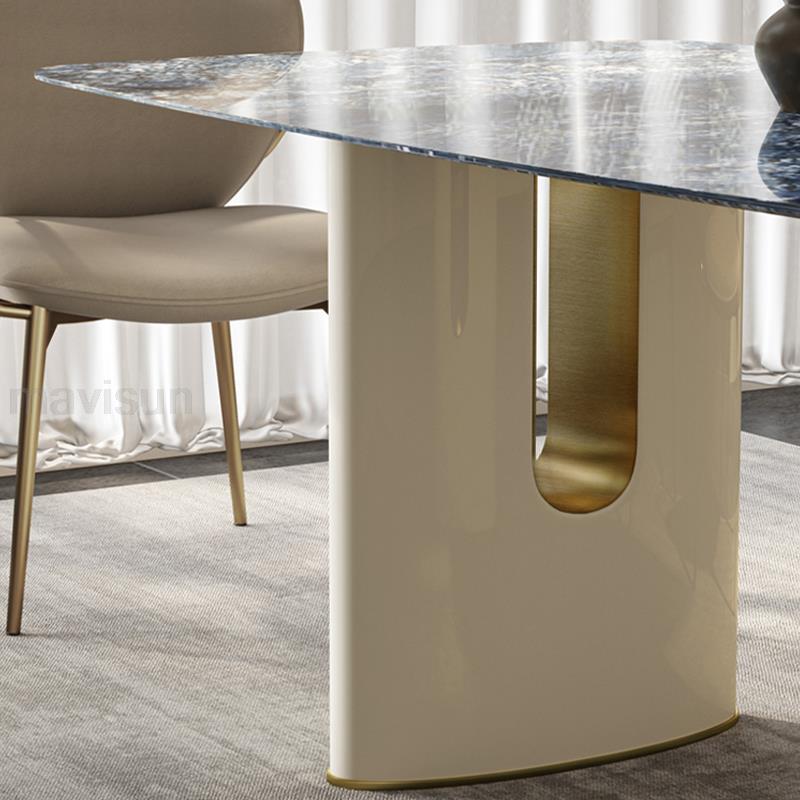 Italian Blue Rectangle Dining Table with Gold Accent Leather Chairs