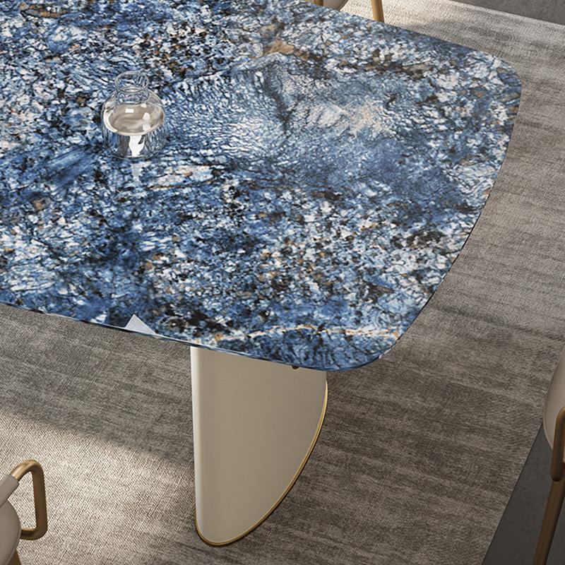 Italian Blue Rectangle Dining Table with Gold Accent Leather Chairs