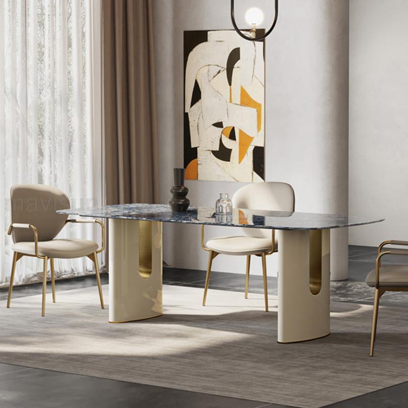 Italian Blue Rectangle Dining Table with Gold Accent Leather Chairs