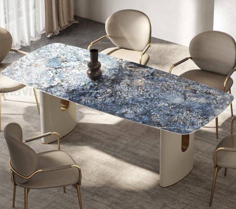 Italian Blue Rectangle Dining Table with Gold Accent Leather Chairs - DIVINE DESIGN