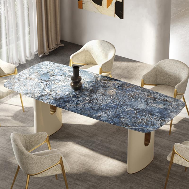 Italian Blue Rectangle Dining Table with Gold Accent Leather Chairs - DIVINE DESIGN