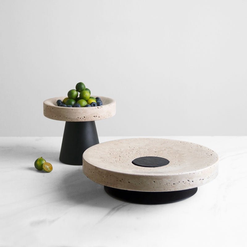 Travertine Round Black Solid Bottom Decorative Tray, Wood and Marble - DIVINE DESIGN