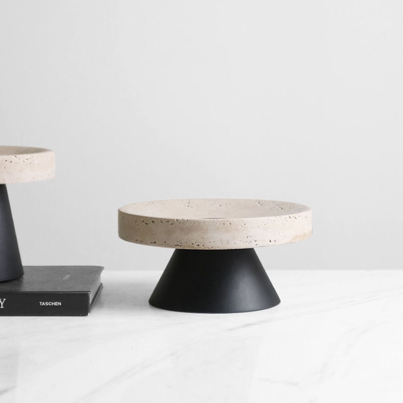 Travertine Round Black Solid Bottom Decorative Tray, Wood and Marble - DIVINE DESIGN