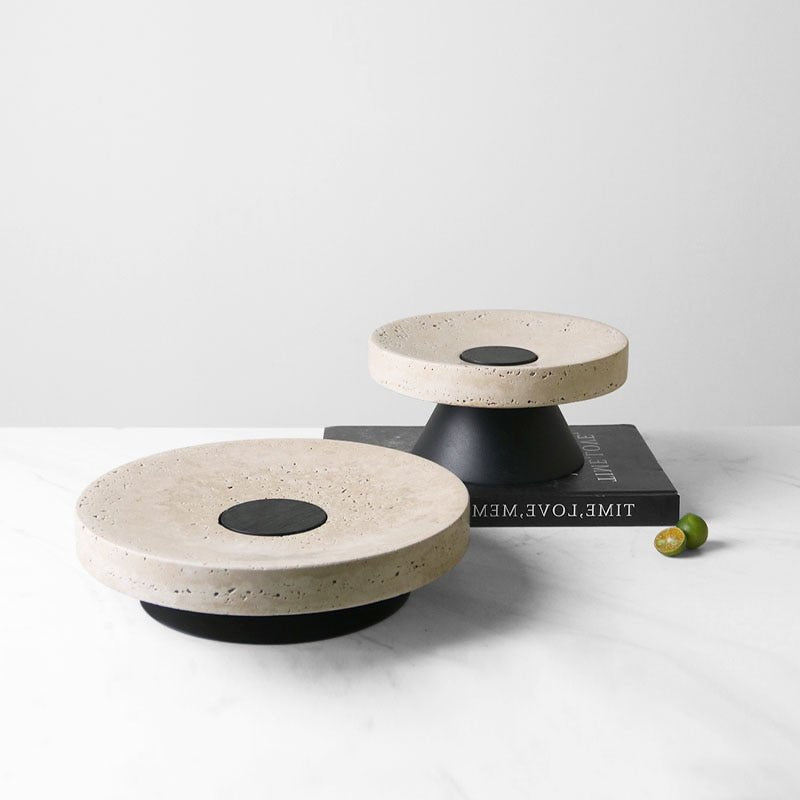 Travertine Round Black Solid Bottom Decorative Tray, Wood and Marble - DIVINE DESIGN