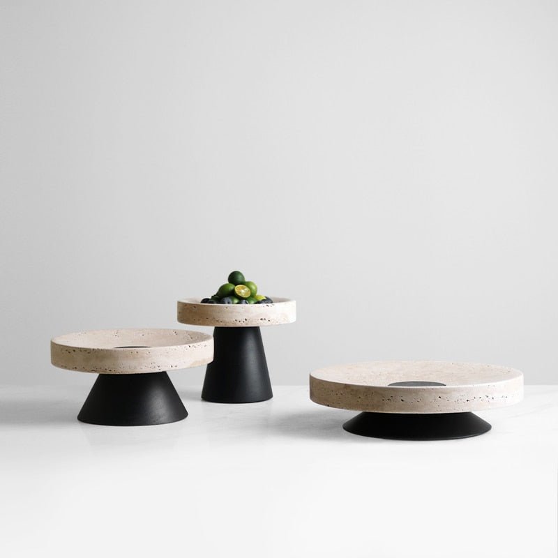 Travertine Round Black Solid Bottom Decorative Tray, Wood and Marble - DIVINE DESIGN