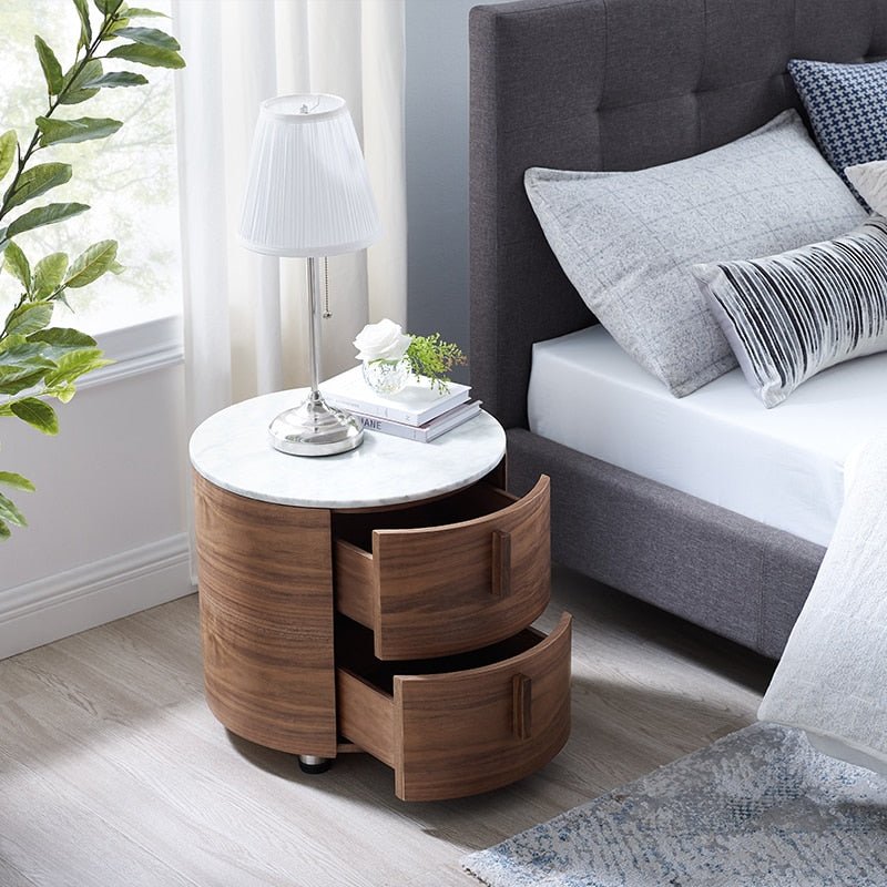 Wood Round Bedside Table with Marble Top - DIVINE DESIGN