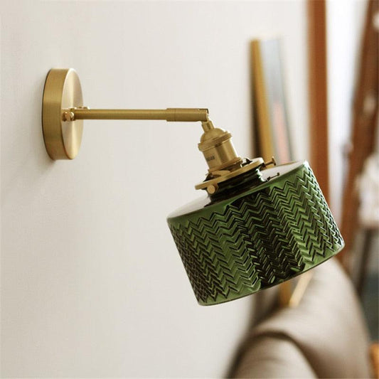 Mid-Century Brass Plug-In Wall Sconce Light with Green Glass Shade