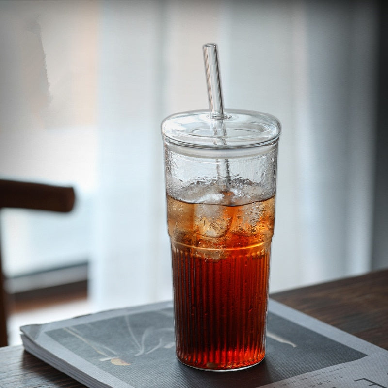 Stripe Glass Cup with Straw Lid