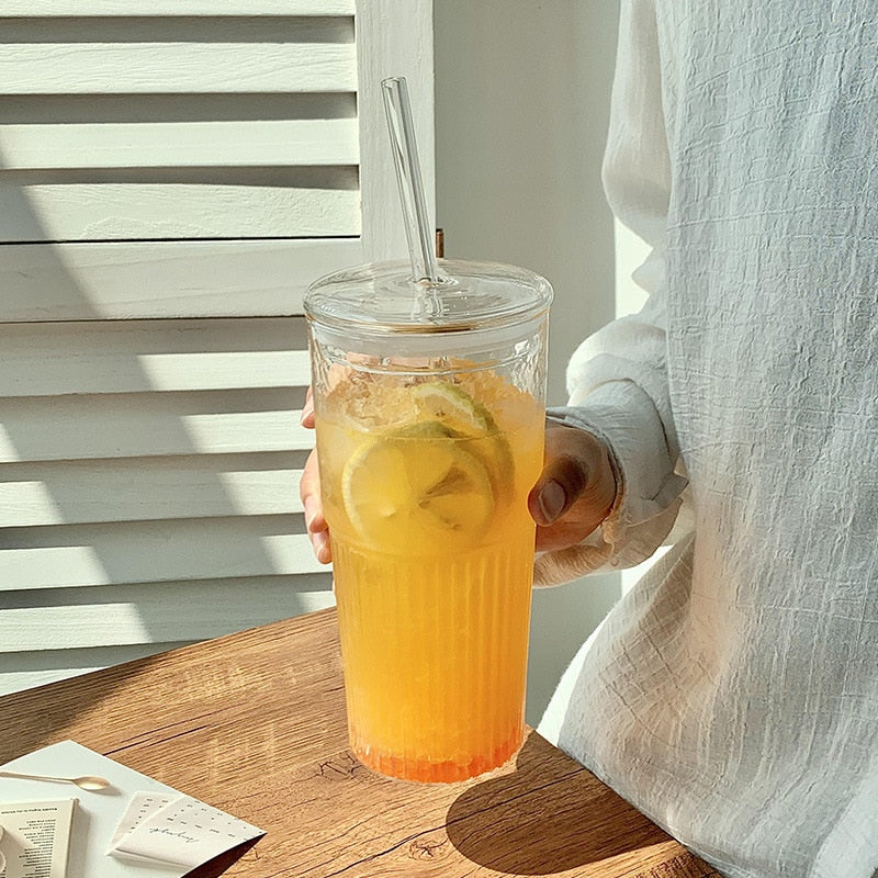 Stripe Glass Cup with Straw Lid