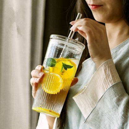 Stripe Glass Cup with Straw Lid