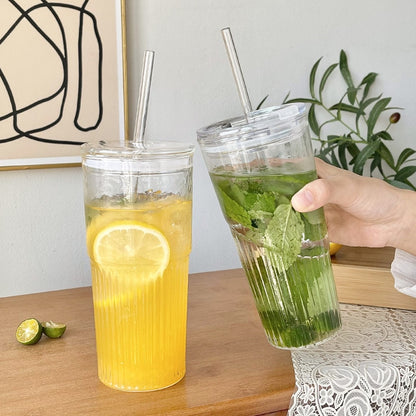 Stripe Glass Cup with Straw Lid