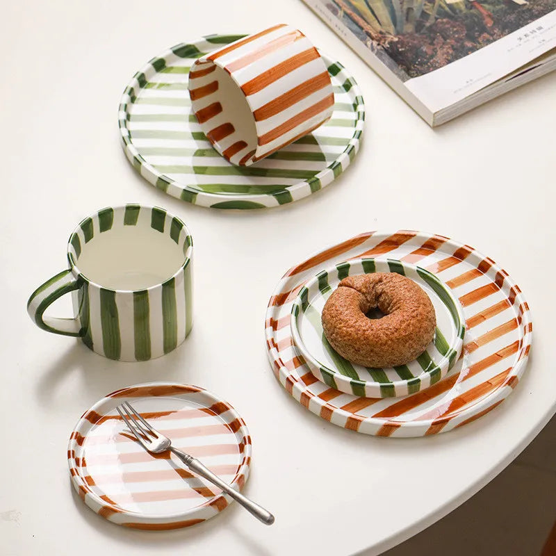 Stripe Ceramic Mug with Matching Plates Set