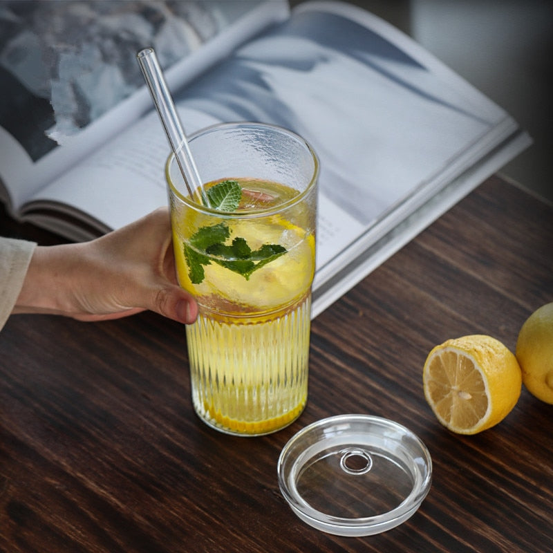 Stripe Glass Cup with Straw Lid