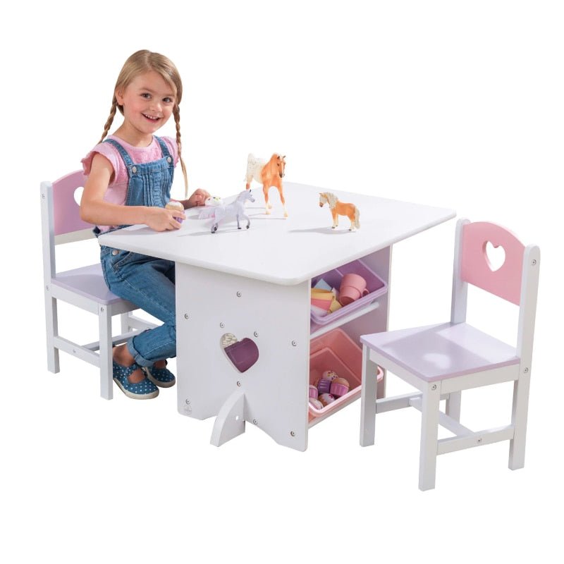 Little Heart Kids Table & Chair Set with 4 Bins, Pink, Purple & White - DIVINE DESIGN