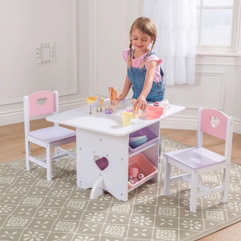 Little Heart Kids Table & Chair Set with 4 Bins, Pink, Purple & White - DIVINE DESIGN