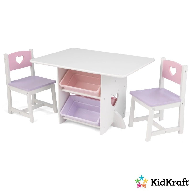 Little Heart Kids Table & Chair Set with 4 Bins, Pink, Purple & White - DIVINE DESIGN
