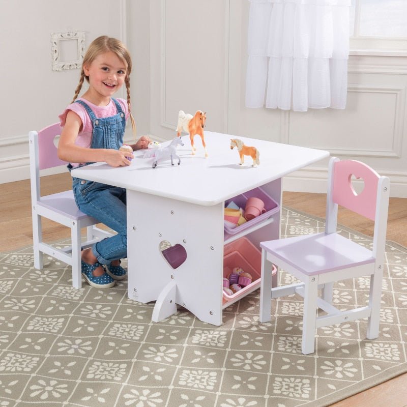 Little Heart Kids Table & Chair Set with 4 Bins, Pink, Purple & White - DIVINE DESIGN