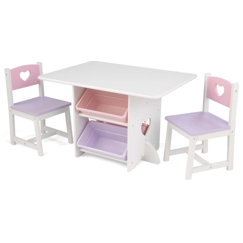 Little Heart Kids Table & Chair Set with 4 Bins, Pink, Purple & White - DIVINE DESIGN