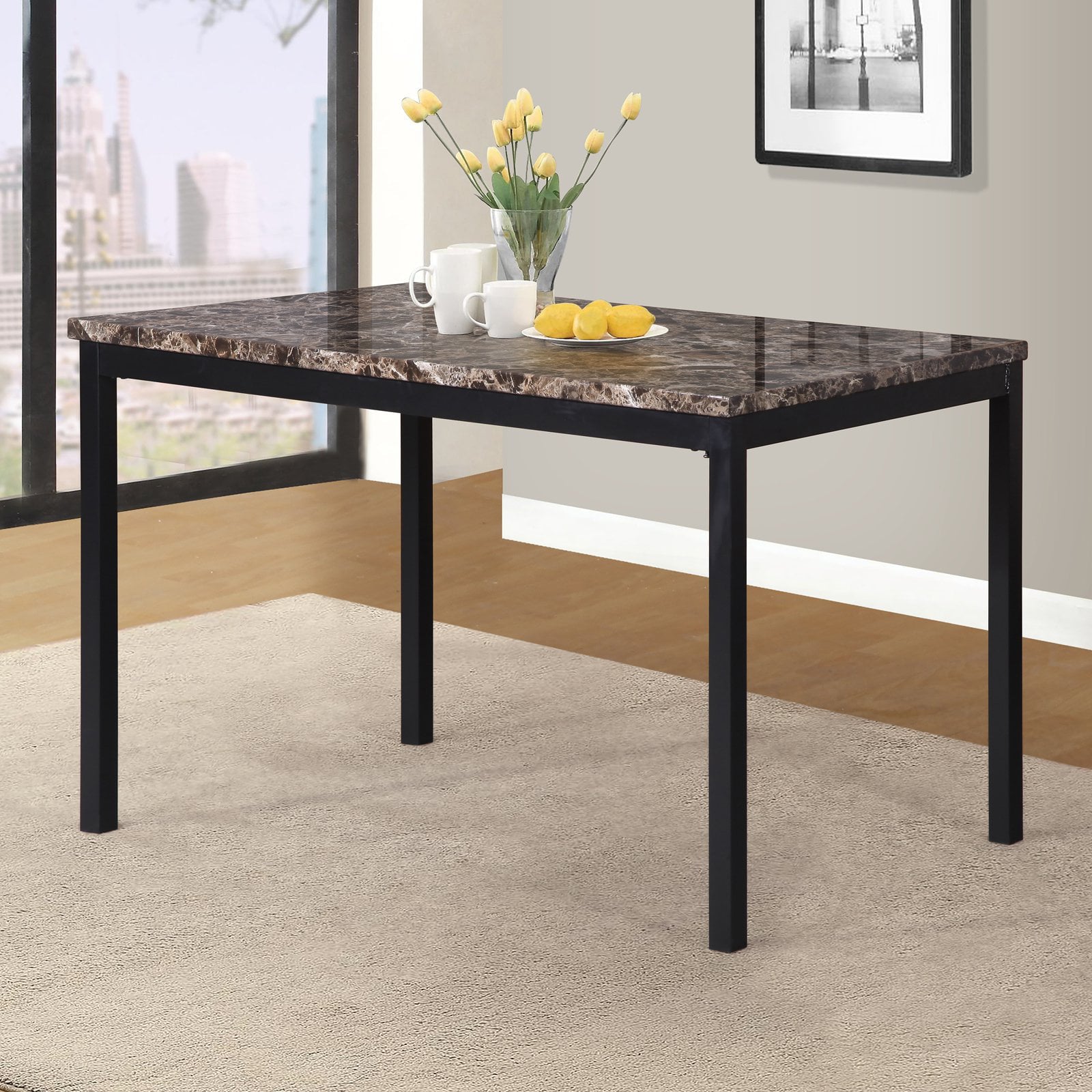 Noyes Metal Dining Table with Faux Marble Top - DIVINE DESIGN