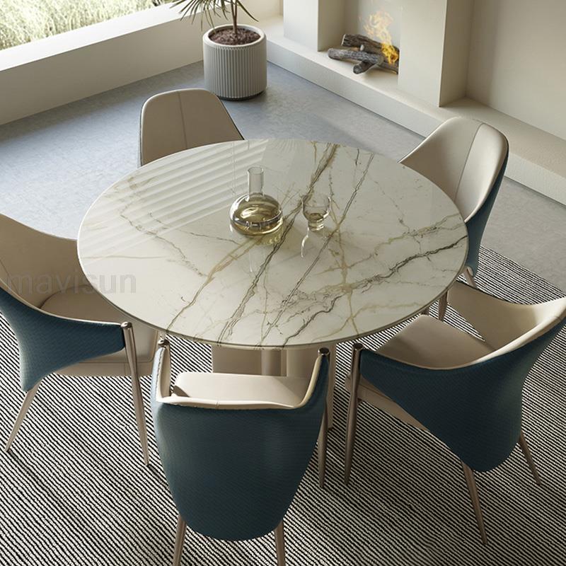 Round Marble Dining Table and Leather Chairs Set - DIVINE DESIGN