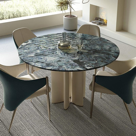 Round Marble Dining Table and Leather Chairs Set - DIVINE DESIGN