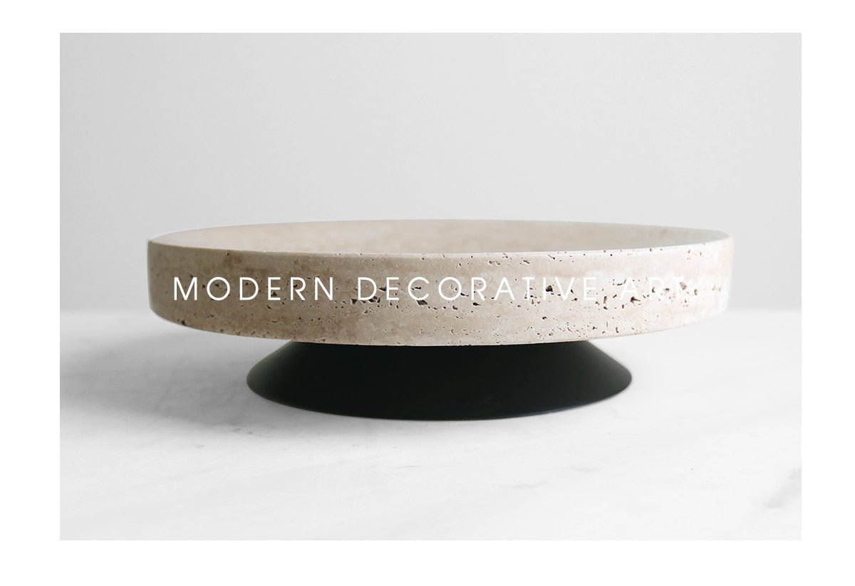 Travertine Round Black Solid Bottom Decorative Tray, Wood and Marble - DIVINE DESIGN