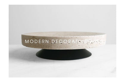 Travertine Round Black Solid Bottom Decorative Tray, Wood and Marble - DIVINE DESIGN