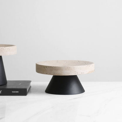 Travertine Round Black Solid Bottom Decorative Tray, Wood and Marble - DIVINE DESIGN